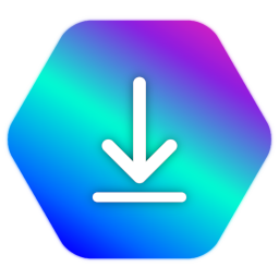 A download icon with a white down arrow and a line below it on a hexagonal background with blue, cyan and purple gradients. This is the symbol for an AI-powered downloader.