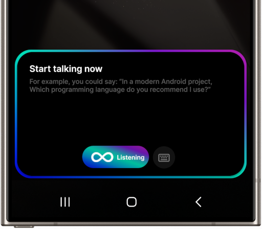 Screenshot 1 showing the conversational interface of the AI application on the Samsung Galaxy S24 Ultra. In the middle of the screen, there is a blue-purple-cyan interface with the text 'Start talking' and the status 'Listening'.