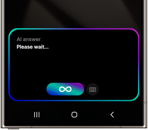 Screenshot 3 showing the conversational interface of the AI application on the Samsung Galaxy S24 Ultra. In the middle of the screen, under the heading 'AI response', there is the text 'Please wait...'