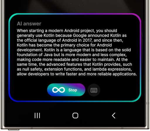 The fourth and final screenshot showing the conversational interface of the AI application on the Samsung Galaxy S24 Ultra. In the middle of the screen, under the heading 'AI response', there is a long text in which the AI ​​suggests the Kotlin programming language and explains this preference, with the word 'Stop' visible on a button below.