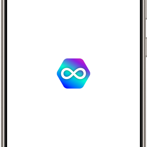The opening screen of the Demirdelen AI mobile application on the Samsung Galaxy S24 Ultra. In the middle of the black background, there is a white infinity symbol inside a hexagonal shape with blue, purple and cyan color transitions.