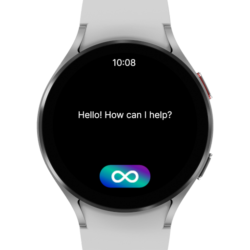 An image showing the AI interface on a silver Samsung smartwatch. The watch's screen reads 'Hello! How can I help you?' and at the bottom is a white infinity symbol inside a button with blue, purple and cyan gradients.