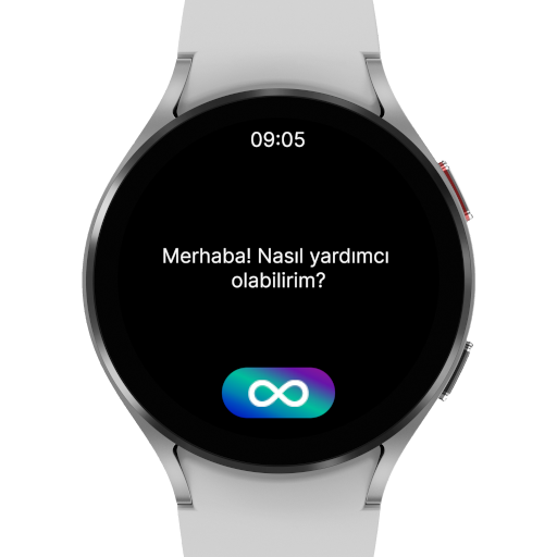 Gümüş renkli bir Samsung akıllı saat üzerinde yapay zeka arayüzünü gösteren bir görüntü. Saatin ekranında'Merhaba! Nasıl yardımcı olabilirim?' yazısı ve en altta mavi, mor ve camgöbeği renk geçişlerine sahip bir buton içinde beyaz bir sonsuzluk sembolü bulunmaktadır.