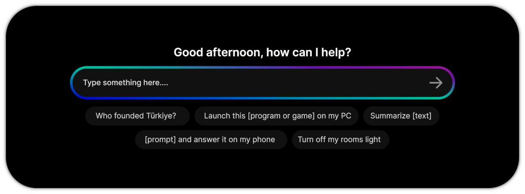 A screenshot of an AI chat box in a web interface. At the top is the text 'Good day, how can I help you?', below is a search bar with blue, cyan, and purple gradients, and below is text that says 'Type something here...'. Below the search bar are sample command buttons.