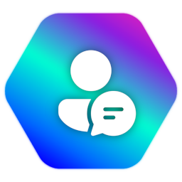 A stylized person icon in white is placed on a hexagonal background with blue, cyan, and purple gradients, with a speech bubble icon next to it. Two horizontal lines inside the speech bubble represent text. This is a symbol of the AI’s ability to respond or communicate.