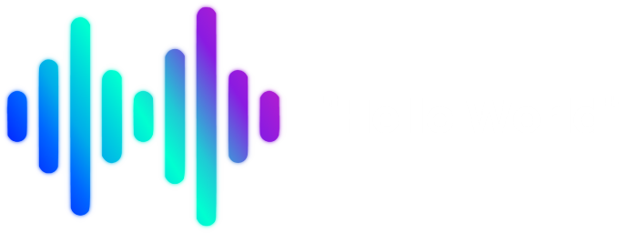 An image of a sound wave glowing in blue, cyan, and purple gradients, with the words 'Hello World' in white quotes on the right. This represents the AI-powered Speech to Text engine.