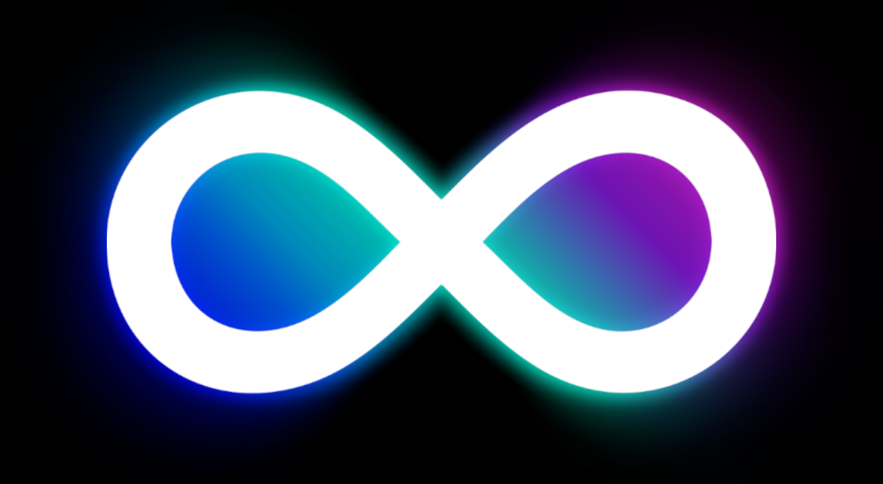 A glowing infinity symbol with a gradient of blue, purple and cyan colors against a black background. This symbol represents the Demirdelen AI logo.